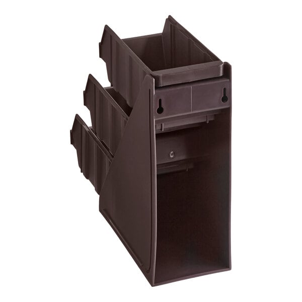 A brown, three-tiered plastic organizer with three bins stacked vertically.