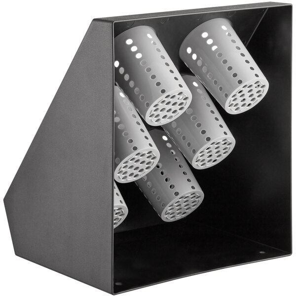 A black plastic box with white perforated cylinders.