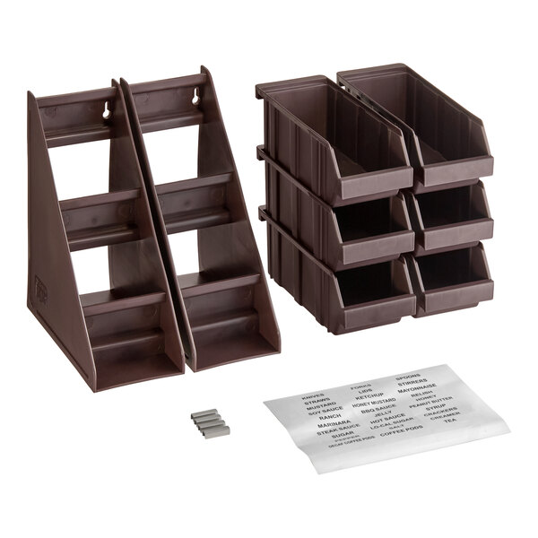 A set of brown plastic organizers with three tiers, six stackable bins, and two sheets of labels.