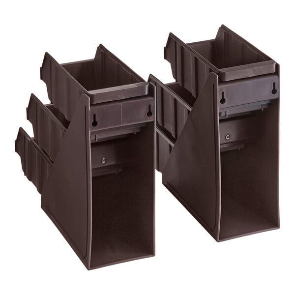 Two brown, three-tiered plastic organizers with six rectangular bins, each featuring slots for labels on the front.