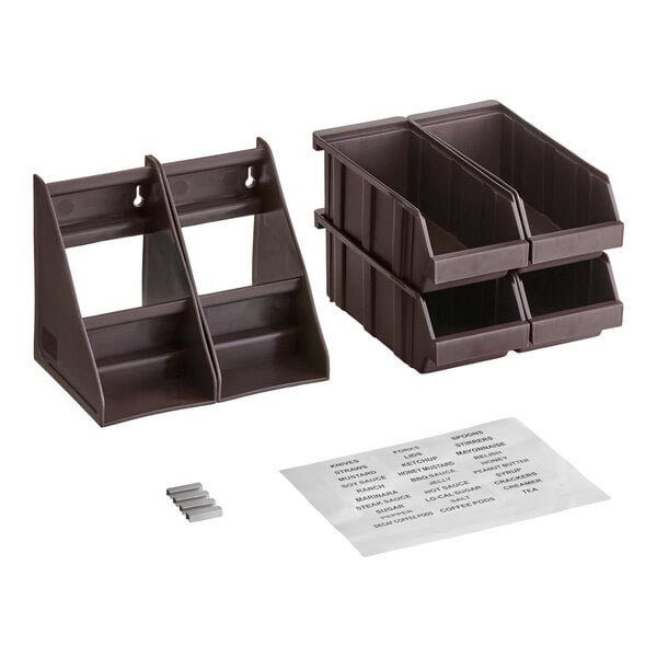 A brown two-tier organizer set with four stackable bins, two label sheets, and small gray dividers, all displayed on a white background.