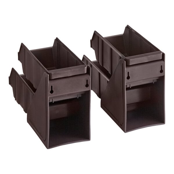 Two brown, two-tiered plastic organizer sets, each with two stackable bins, are shown side by side.