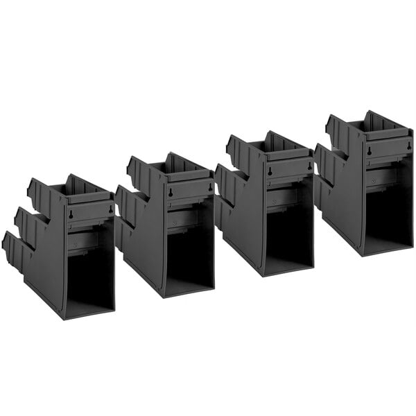 A black 3-tier organizer set with 12 bins and 2 label sheets on a table.