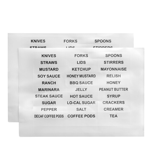 Two sheets of adhesive labels with various food and condiment names printed in black text on a white background.