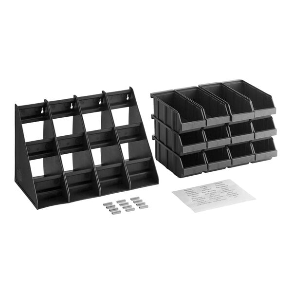 A black three-tier organizer set with twelve stackable bins, small label holders, and two sheets of labels displayed on a white background.