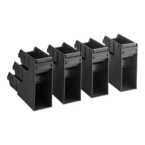 Four black, rectangular, multi-tiered plastic organizer bins are arranged in a row, each with multiple compartments and a slot for labels.