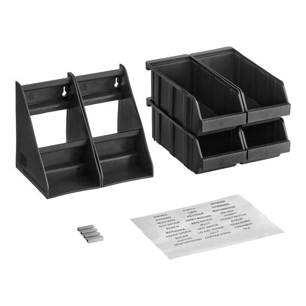 A set of black plastic organizer bins with two tiers, four individual bins, mounting hardware, and two sheets of labels.
