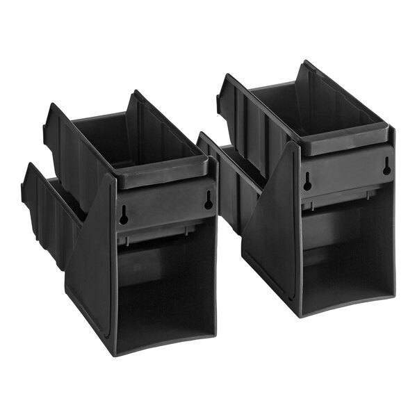 Two black, two-tiered plastic organizers with four open bins each, designed for self-serve use.