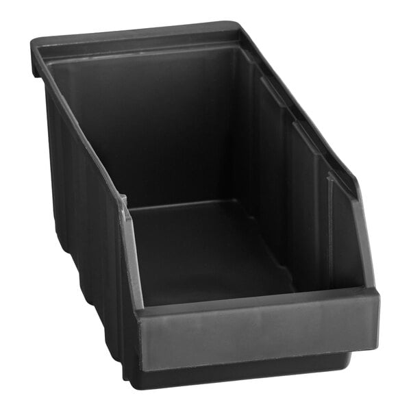 A black rectangular plastic bin with an open front and raised sides.