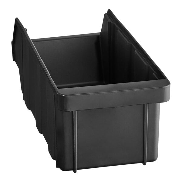 A black rectangular plastic bin with high sides and an open top.