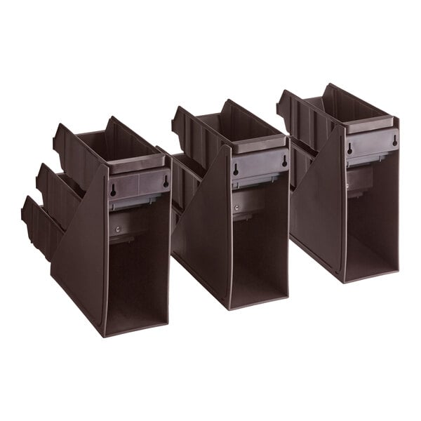 Three brown, multi-tiered plastic organizer bins are arranged side by side, each with multiple compartments and label slots.