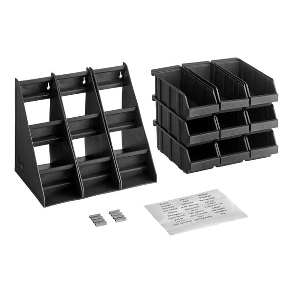 A black three-tier organizer with nine removable bins, two small rectangular pieces, and two sheets of labels displayed on a white background.