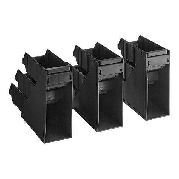 Three black, multi-tiered plastic organizers with open bins arranged in a row.