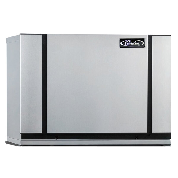 A silver rectangular Cornelius water cooled ice machine with black trim.