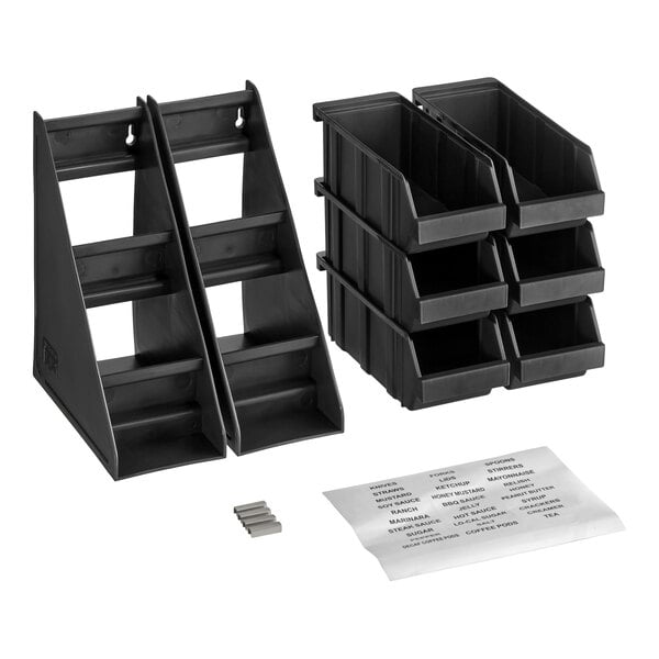 A set of black plastic organizers with three tiers, six stackable bins, and two sheets of labels displayed on a white background.