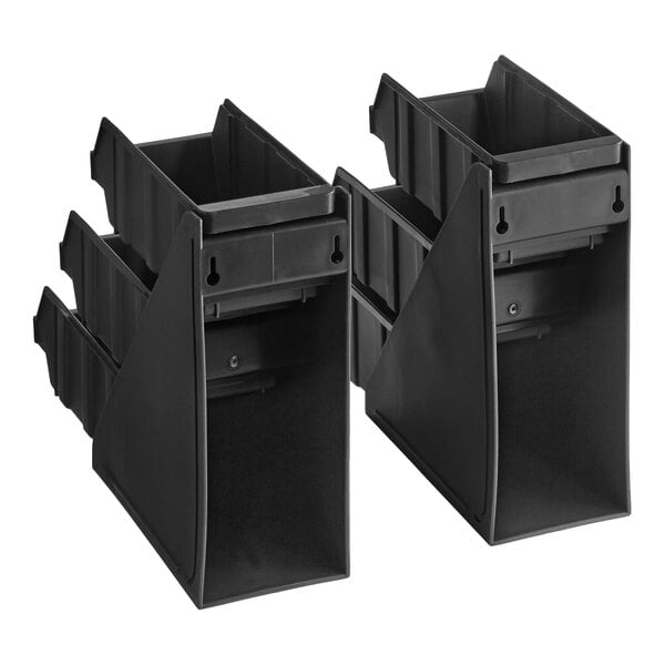 Two black, three-tiered plastic organizers with six rectangular bins, each featuring angled sides and slots for labels.