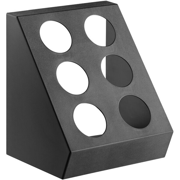 A black plastic flatware organizer with six holes.