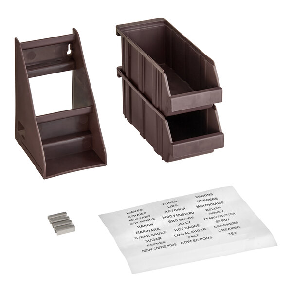 A set including two brown plastic organizer bins, a two-tier brown organizer rack, a small set of adhesive strips, and two sheets of printed labels.
