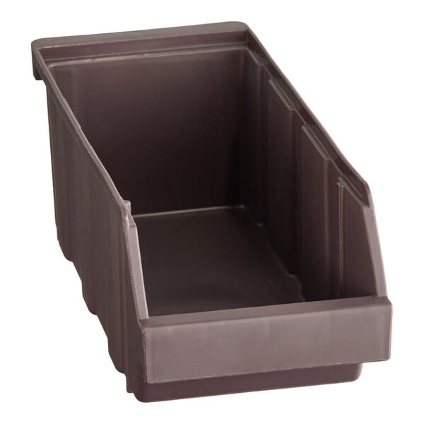 A brown rectangular plastic bin with high sides and an open front.