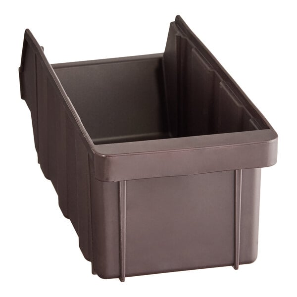 A brown rectangular plastic bin with high sides and an open top.