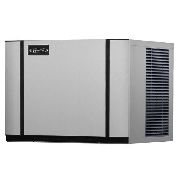 A Cornelius air cooled ice machine with a stainless steel finish and black trim.