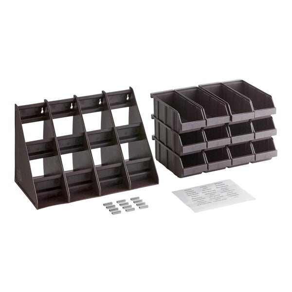 A brown three-tier organizer set with twelve individual bins, small label holders, and two sheets of labels displayed on a white background.