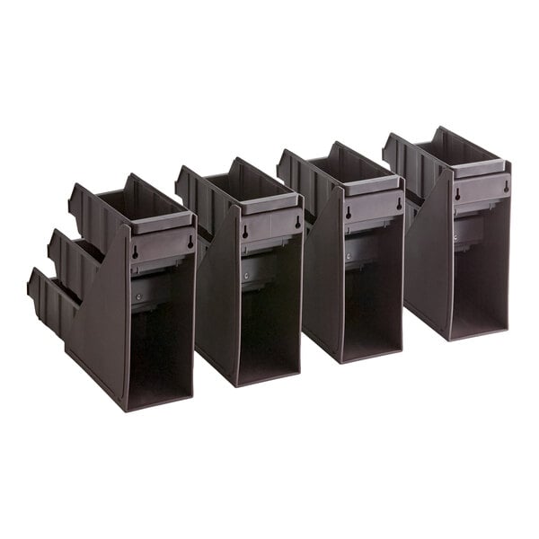 Four brown plastic organizer bins are arranged in a row, each with an open front and a tiered design.