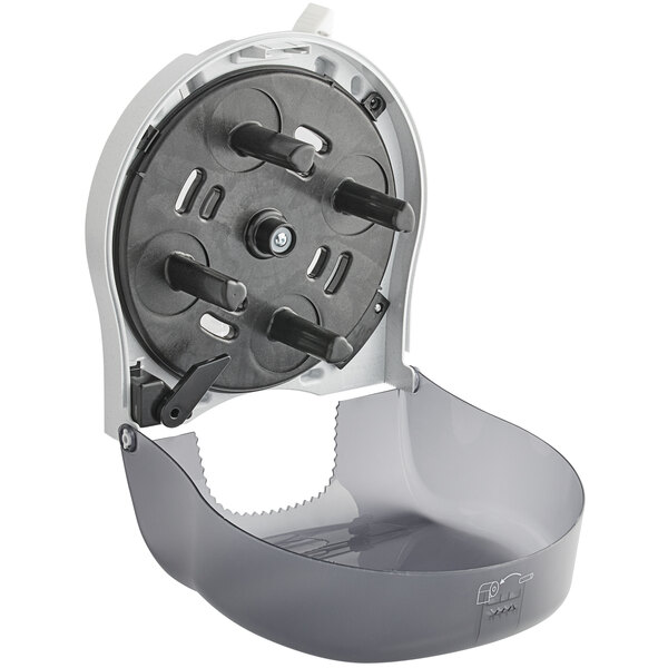 A grey and black San Jamar Four Station Standard Roll Carousel toilet paper dispenser with black handles.
