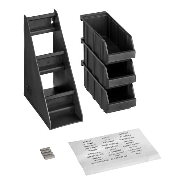 A black three-tier organizer set with three stackable bins, two label sheets, and small gray clips, all displayed on a white background.