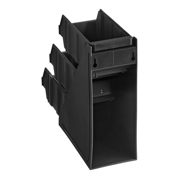 A black, three-tiered plastic organizer with three bins stacked vertically.