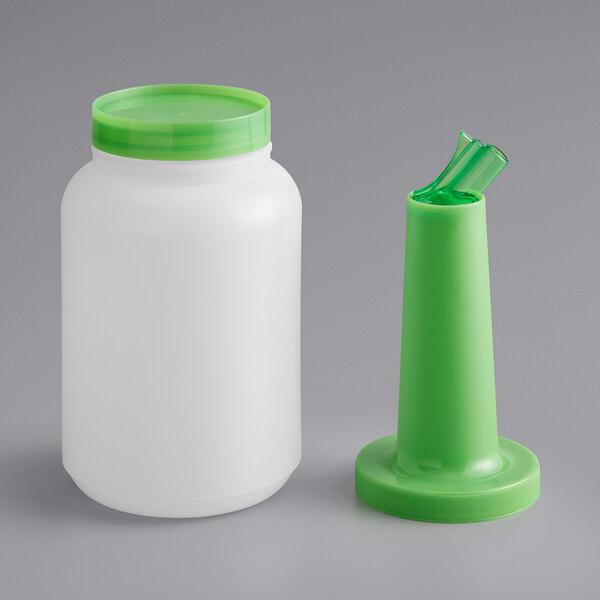 A green plastic pour bottle with a green lid.