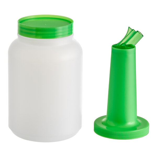 A plastic 2-quart pour bottle with a green neck and cap.