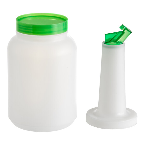 A white 2-quart pour bottle with a green flip top spout and matching green cap.