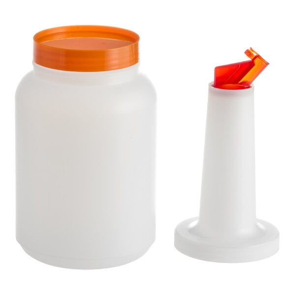A white 2-quart pour bottle with an orange flip top and matching cap.