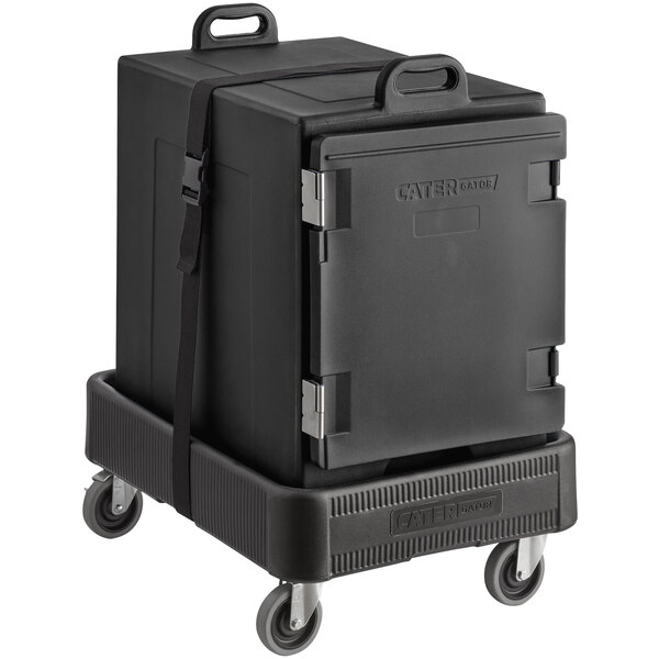 A black CaterGator insulated food pan carrier on a black dolly.