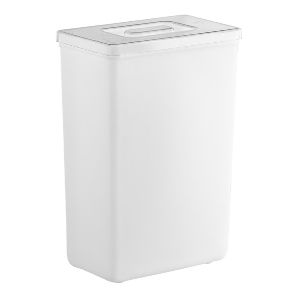 A large white ingredient bin with a clear lid designed for storage.