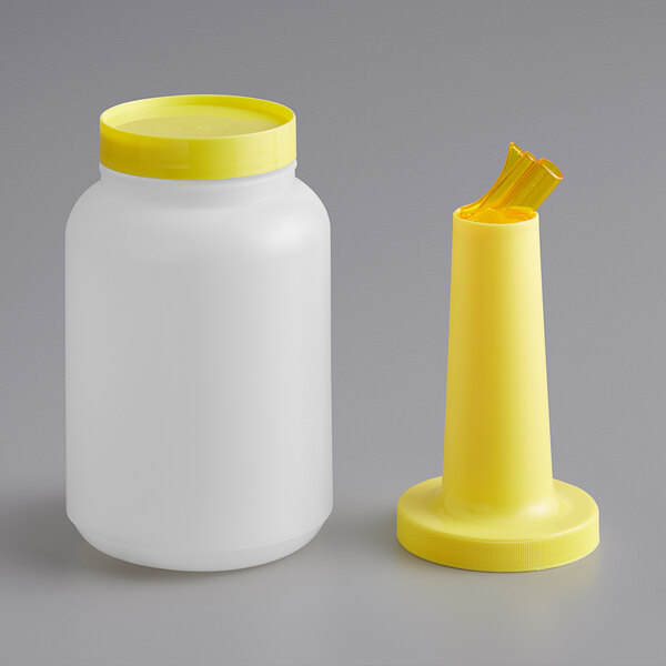 A white plastic bottle with a yellow top and neck.