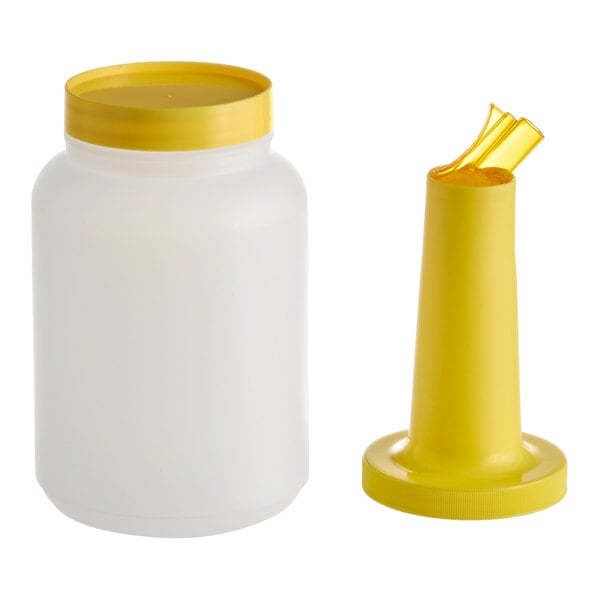A two-quart plastic pour bottle with a yellow neck and cap, shown disassembled.