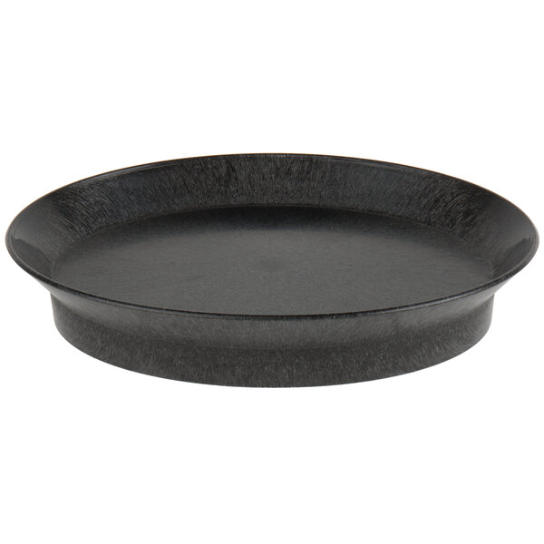 An oval black polypropylene pan with a rim by HS Inc. on a counter.