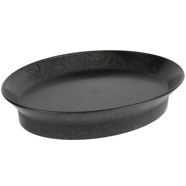 A black oval polypropylene deli server with a round bottom and a handle.
