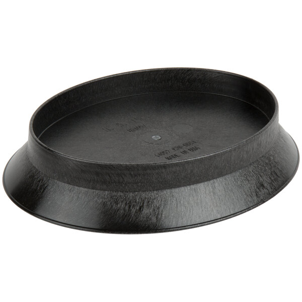 An oval black polypropylene deli server with a lid.
