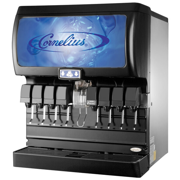 A black Cornelius ice and beverage dispenser with a screen.