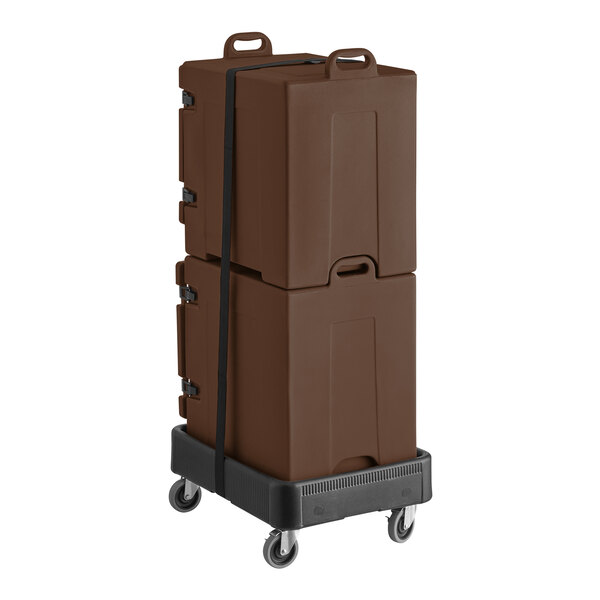 A brown dolly with two brown front load pan carriers on it.