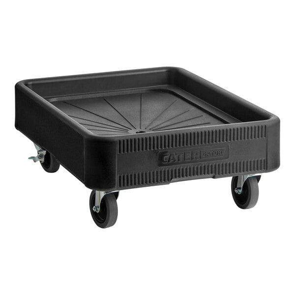 A black dolly with four caster wheels designed for transporting insulated food pan carriers, with a 300 lb. capacity.