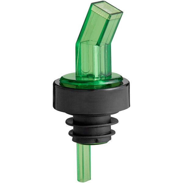 A green plastic liquor pourer with a black collar.