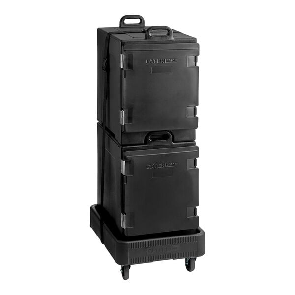 A black insulated pan carrier kit with two front-loading 5-pan carriers, a dolly, and a strap.