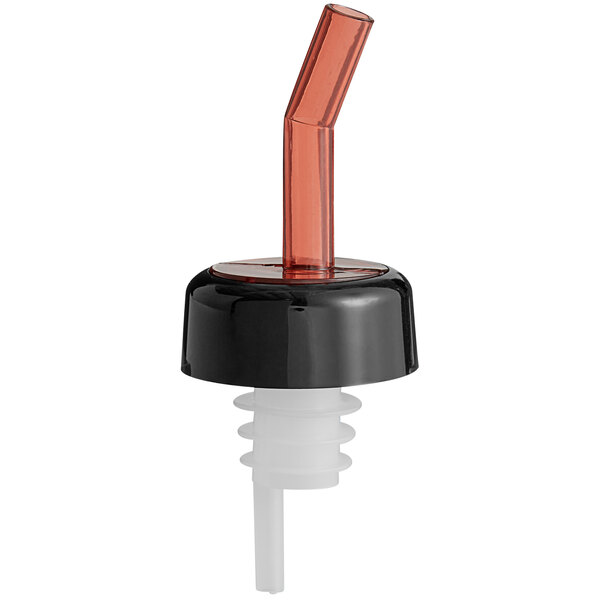 A close-up of a plastic red Choice whiskey pourer with a black collar.
