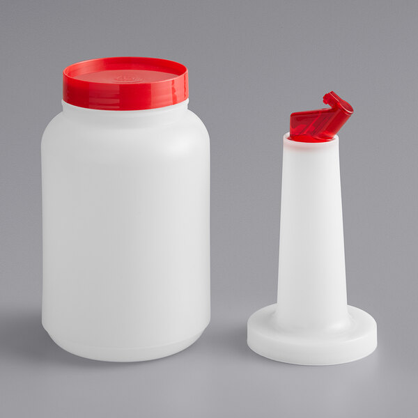 A white bottle with a red lid and white flip top circle.