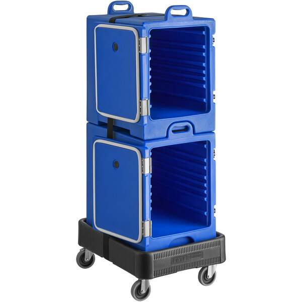 a blue plastic container with a black strap