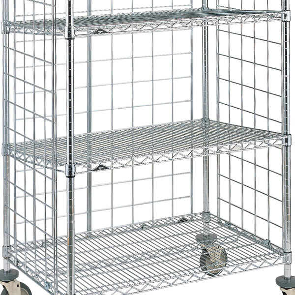 A Metro chrome wire slanted shelf for shelf trucks.